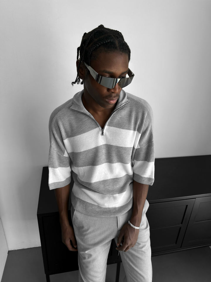 Regular Striped Knit T-shirt - Grey