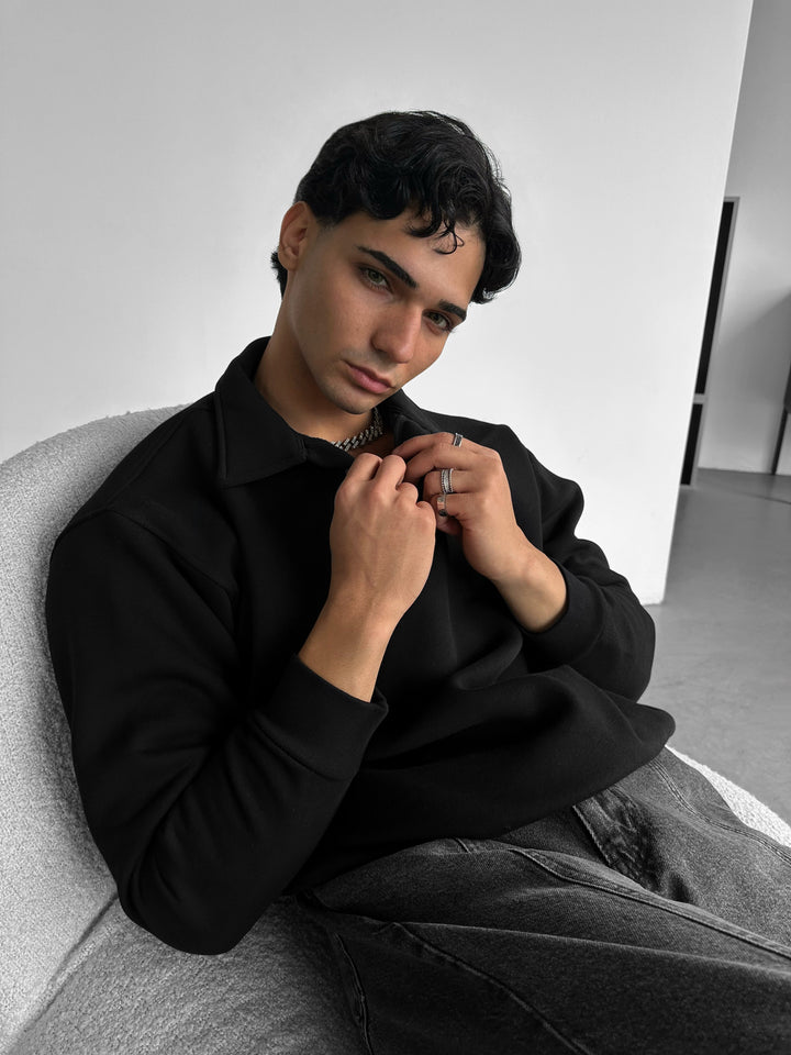 Oversize Basic Polo Sweatshirt - Black