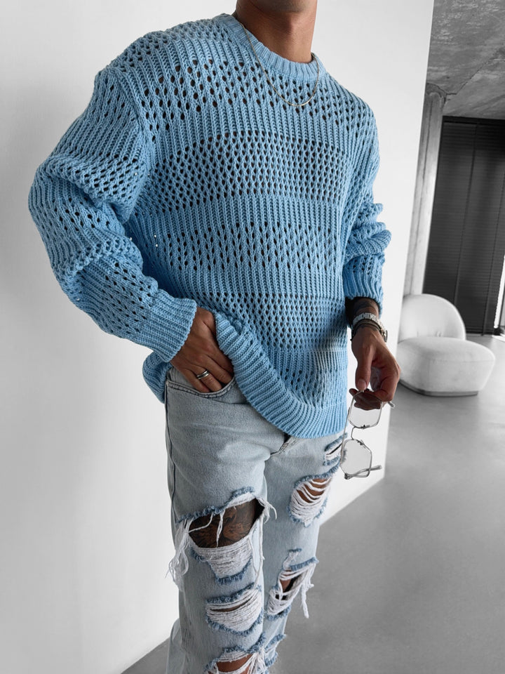 Oversize Holey Knit Sweater - Baby blue