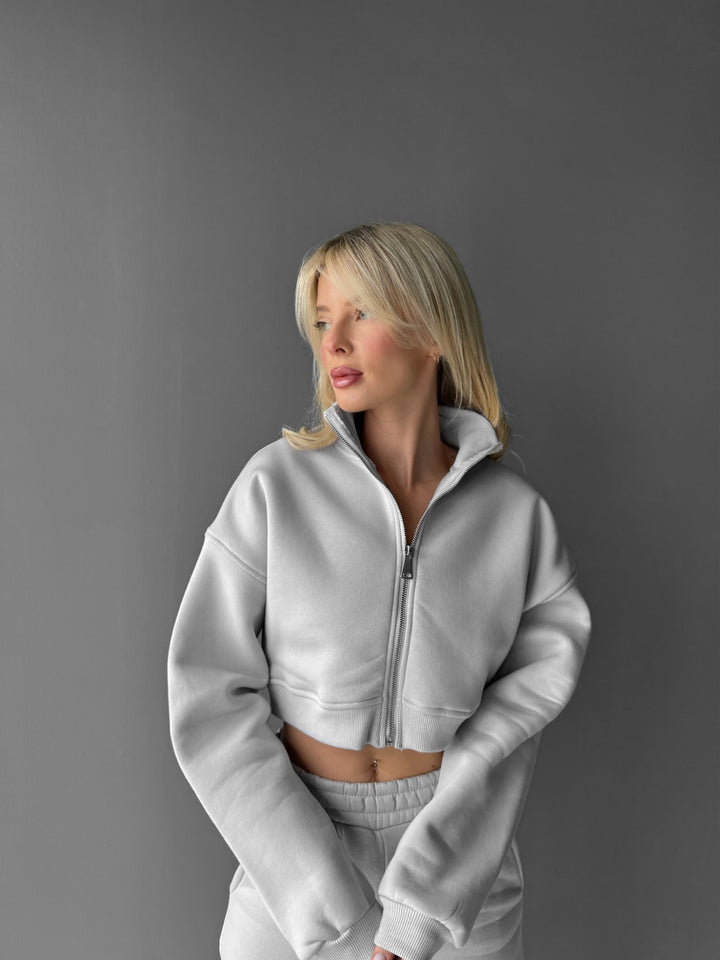 Short Women Zipper Pullover - Grey