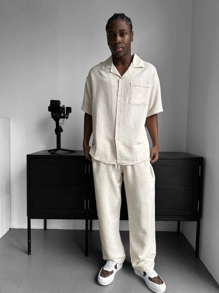 Loose Fit Linen Trousers - Beige
