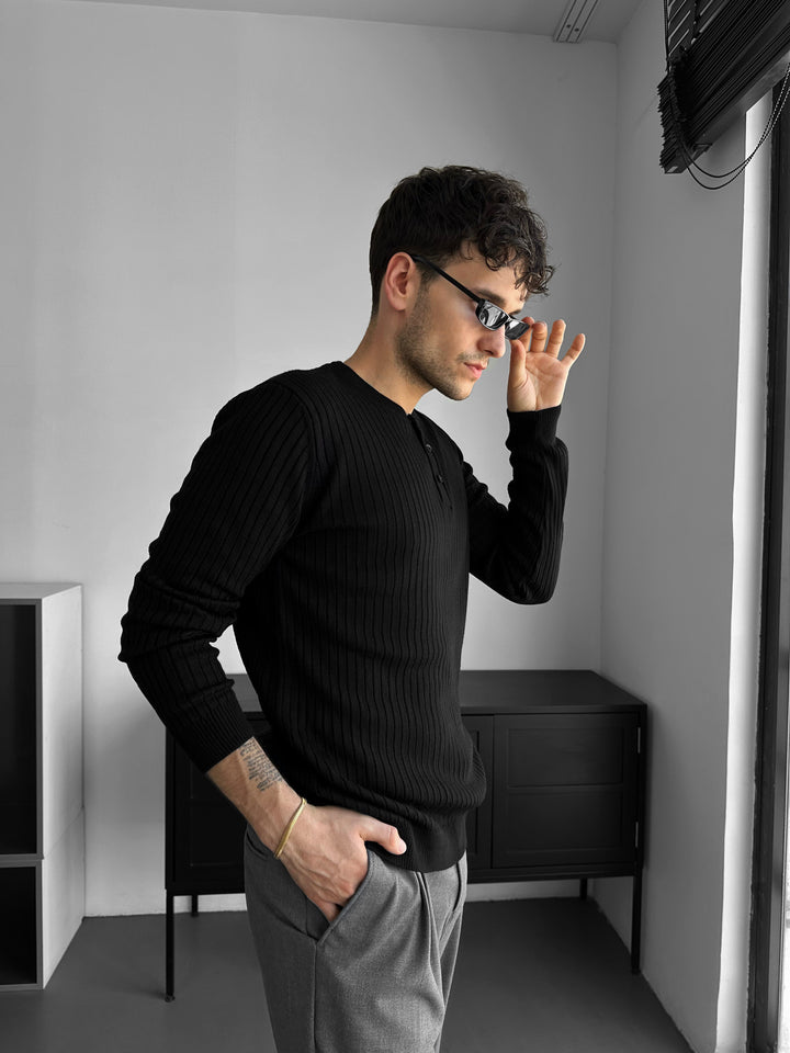 Slim Fit Button Knit Sweater - Black