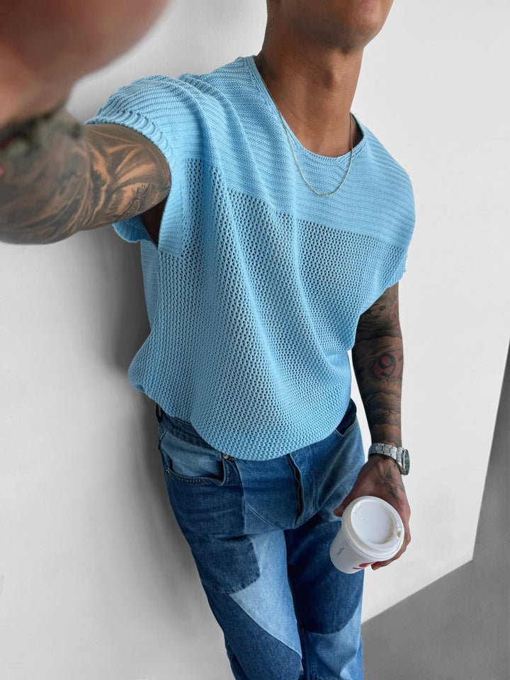 Oversize Textured Knit T-shirt - Babyblue