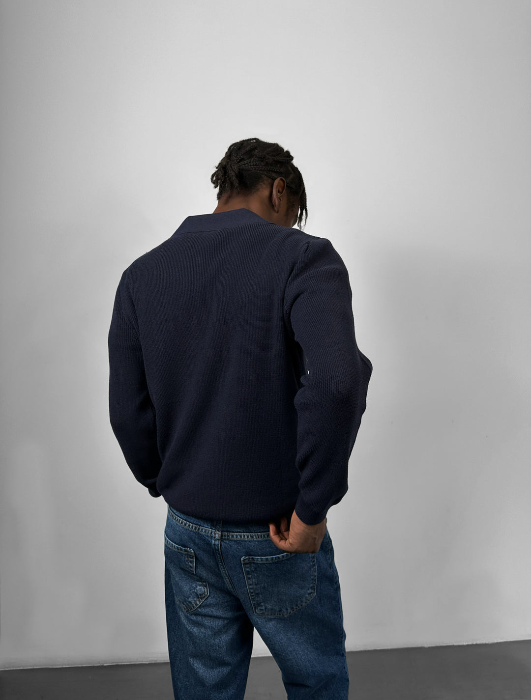 Loose Fit Polo Knit Sweater - Navy Blue