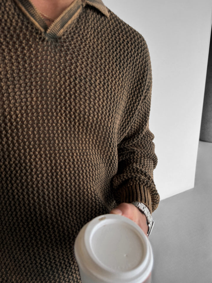 Oversize Rusty Collar Knit Sweater - Brown