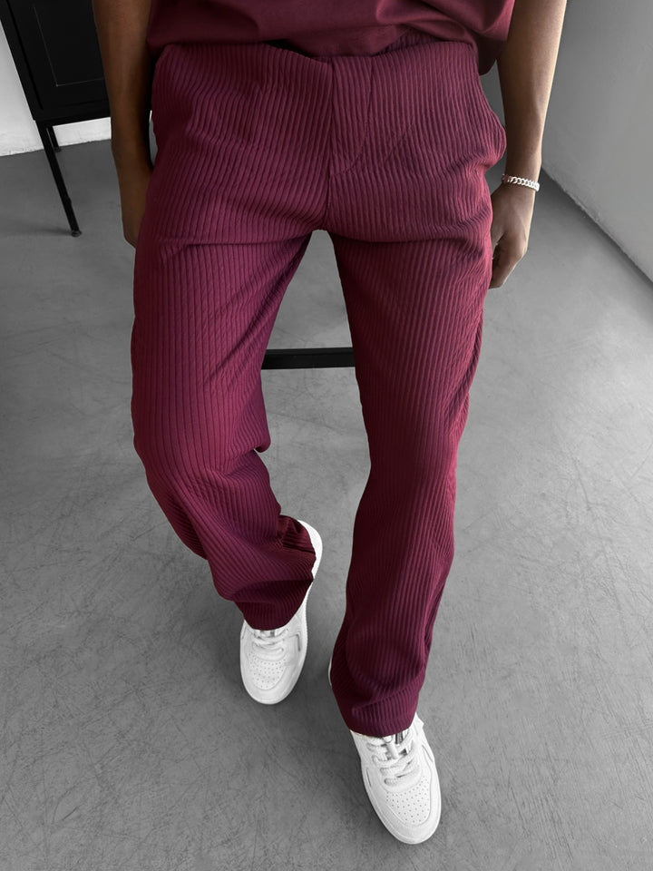 Loose Fit Ribbed Trousers - Bordeaux