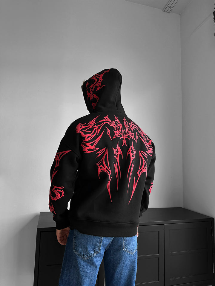 Oversize Mafia Tribal Hoodie - Black and Red