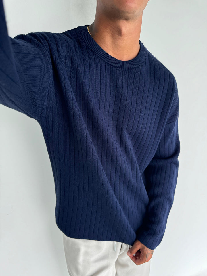 Oversize Wide Ribbed Long Arm Knit Sweatshirt - Navy Blue