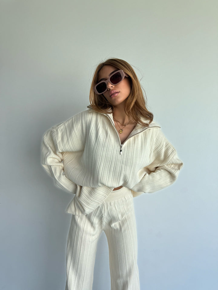 Wide Leg Knit Trousers - Bone