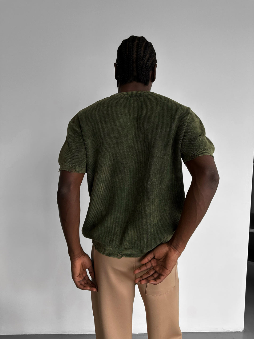 Oversize Knit Torn T-Shirt - Khaki