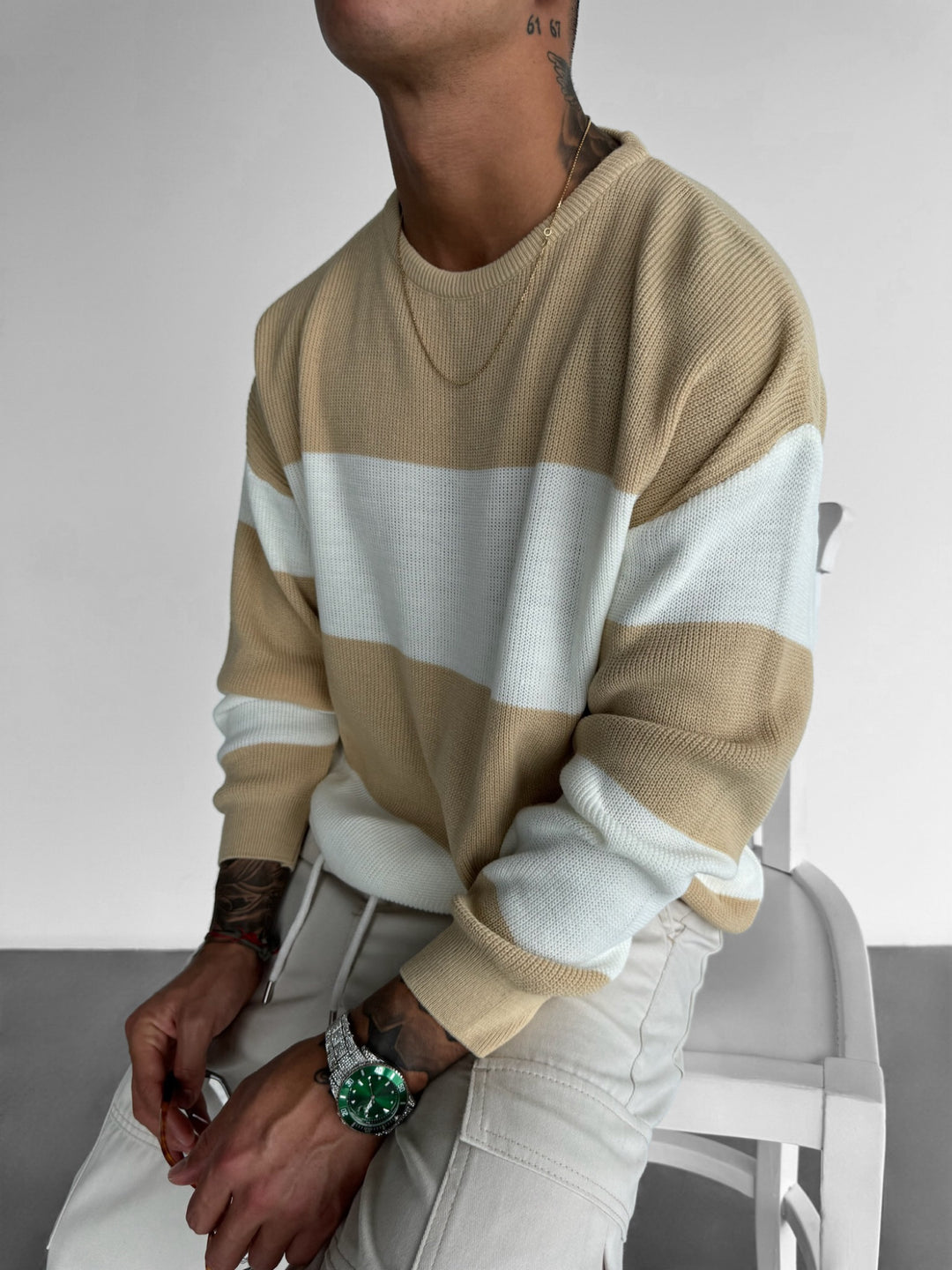 Loose Fit Strip Knit Sweater - Camel