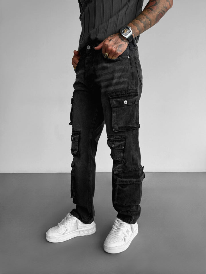 Baggy Cargo Washed Jeans - Black