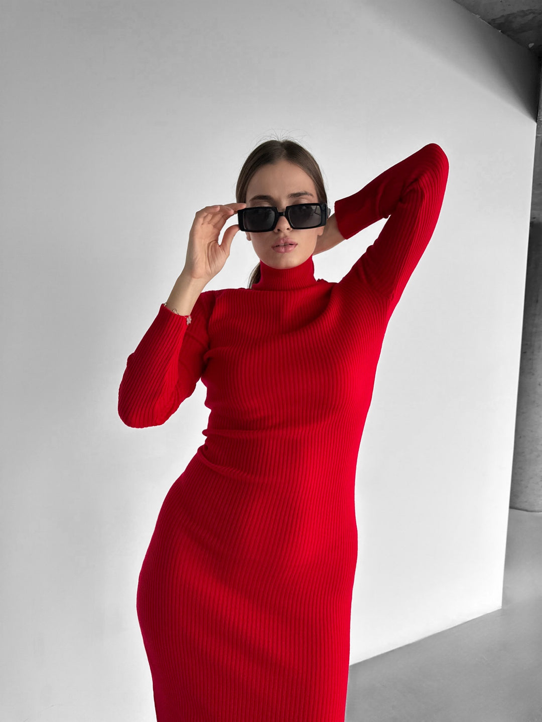 High Neck Knit Dress - Red