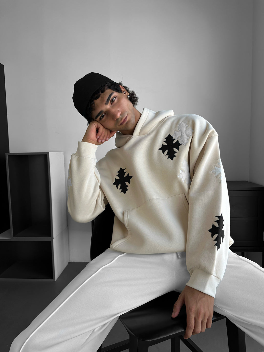 Oversize Gothic Cross Hoodie - Beige