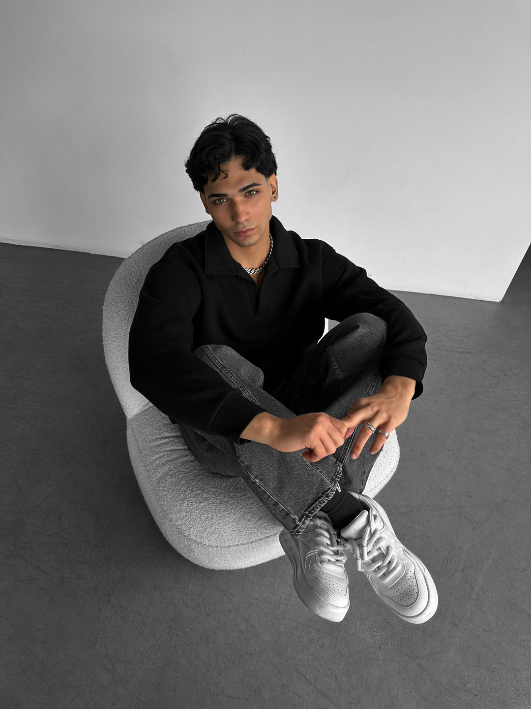 Oversize Basic Polo Sweatshirt - Black