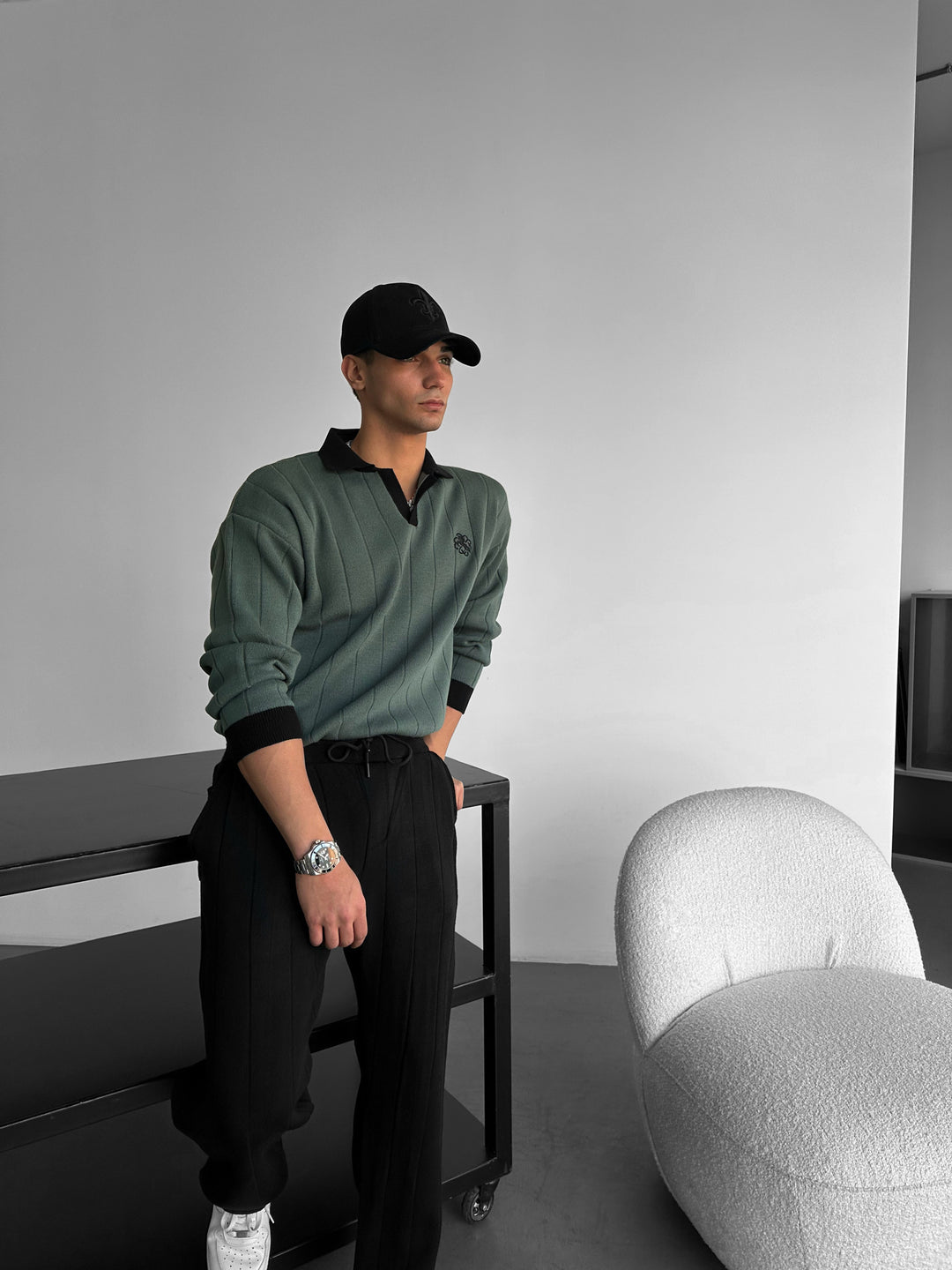 Oversized Embroidered Polo Sweater - Petrol