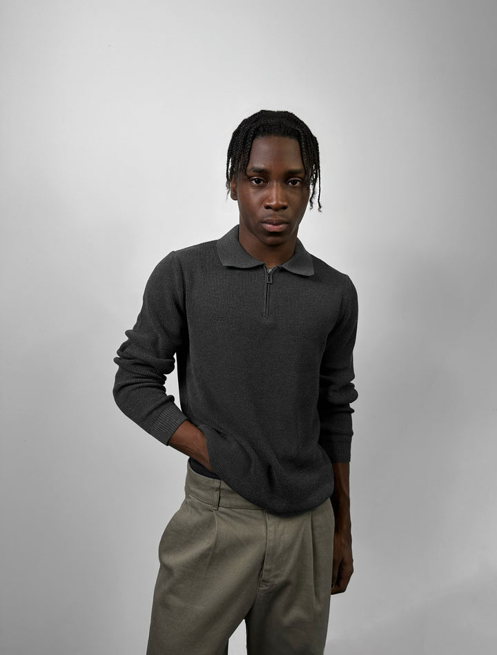 Loose Fit Polo Knit Sweater - Anthracite