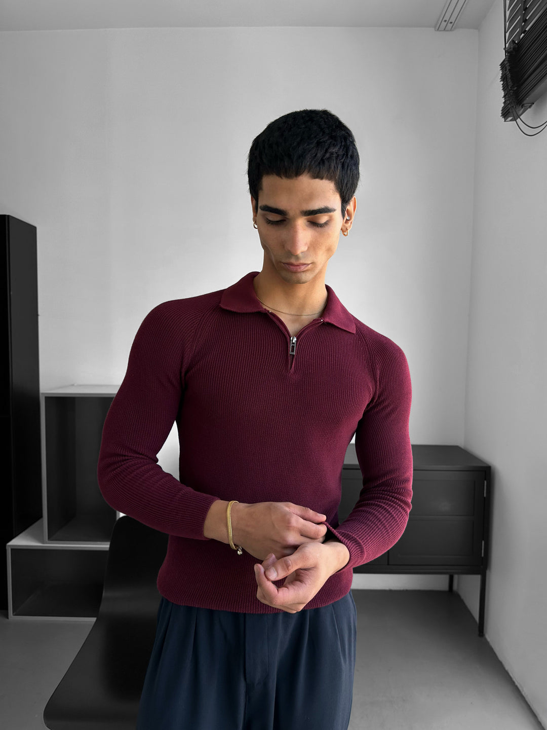 Slim Fit Knit Zipper Polo Sweater - Plum