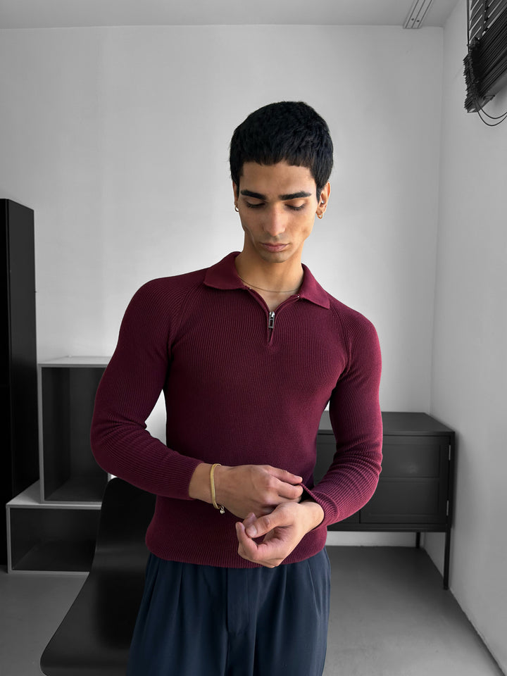 Slim Fit Knit Zipper Polo Sweater - Plum