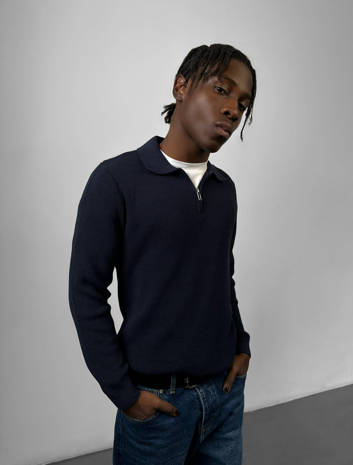 Loose Fit Polo Knit Sweater - Navy Blue