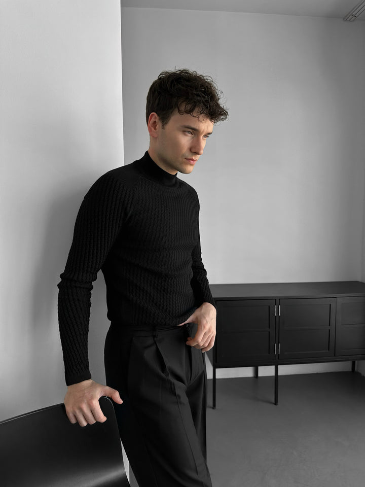Slim Fit Mock Neck Knit Sweater - Black
