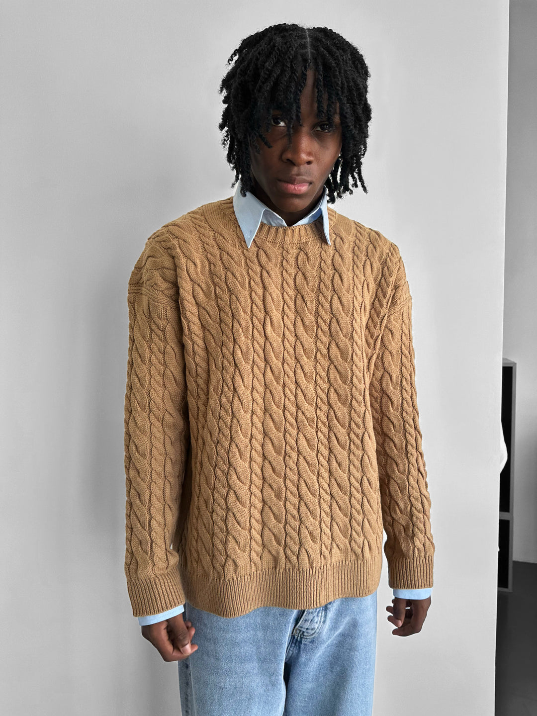 Oversize Knit Braid Sweater - Brown