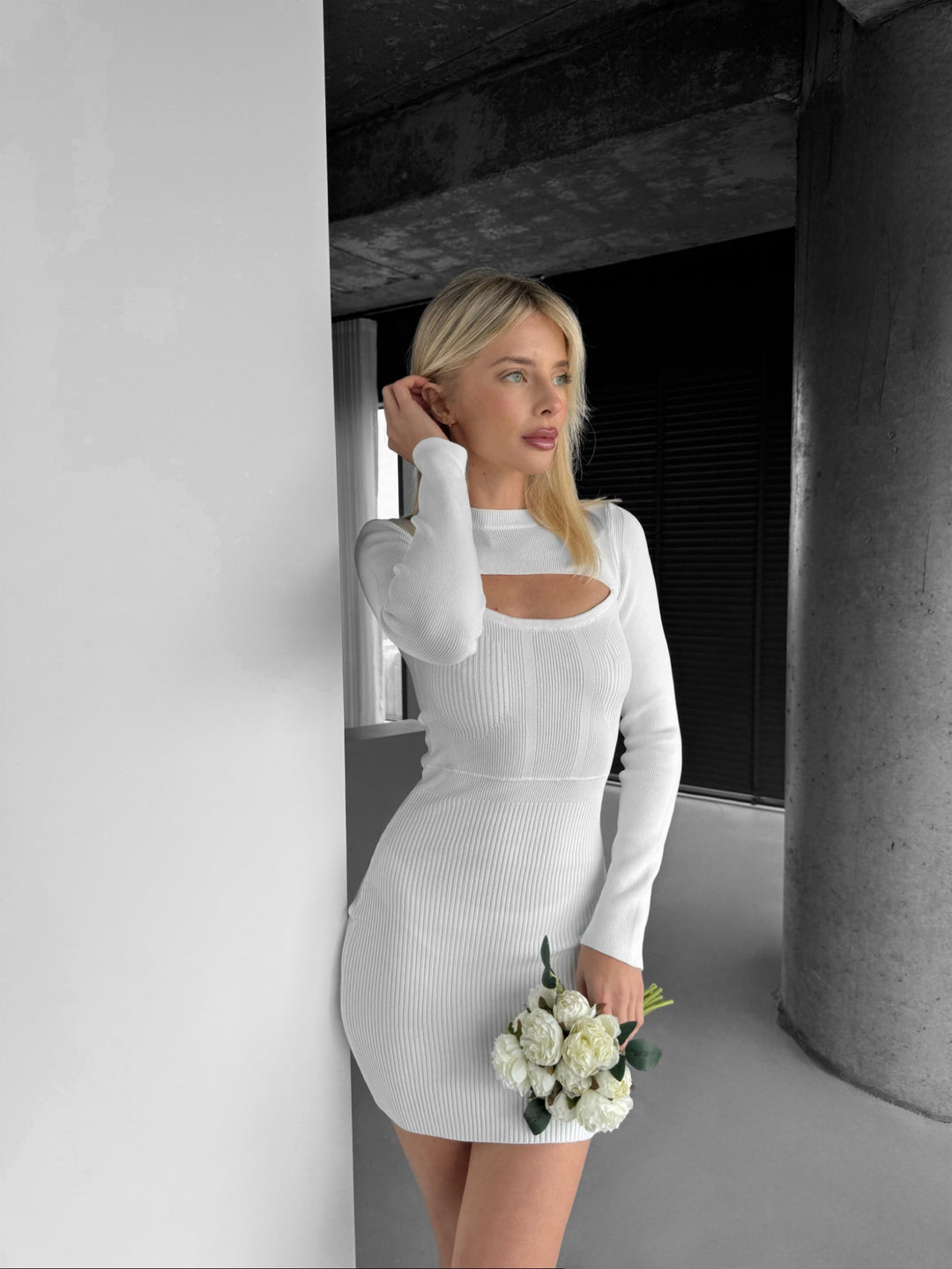 Knit Details Dress - White