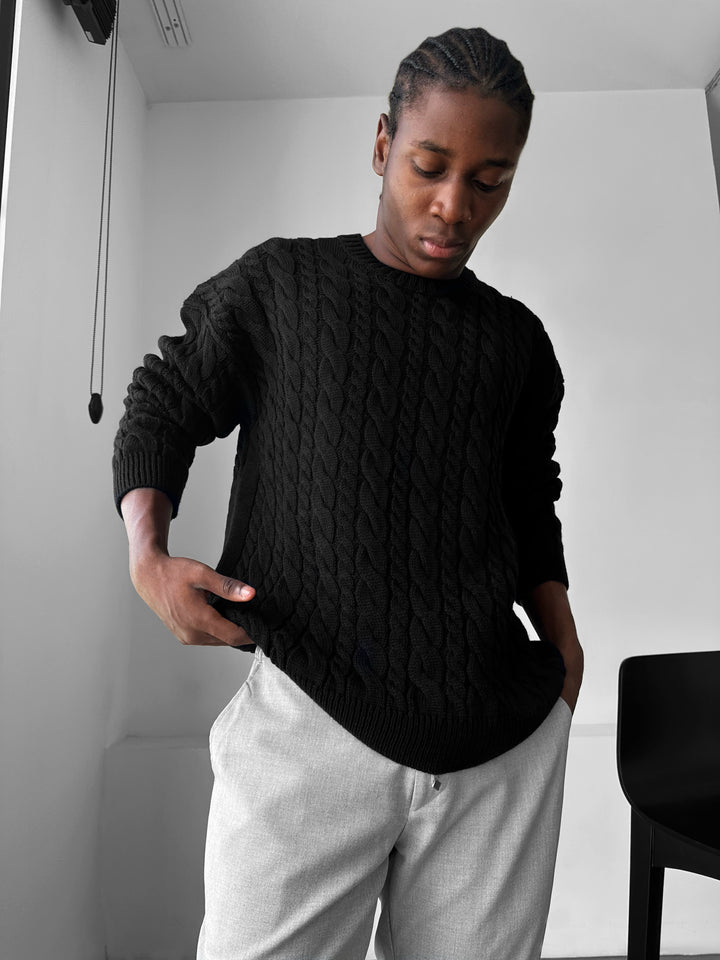 Oversize Knit Braid Sweater - Black