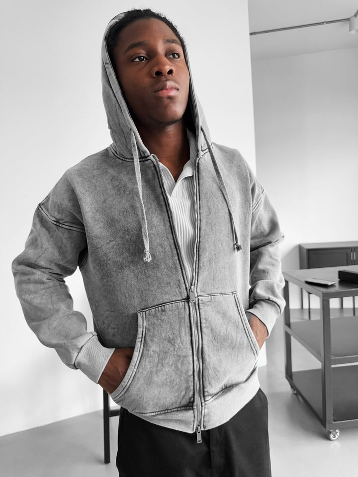 Oversize Washed Zipper Hoodie - Anthracite