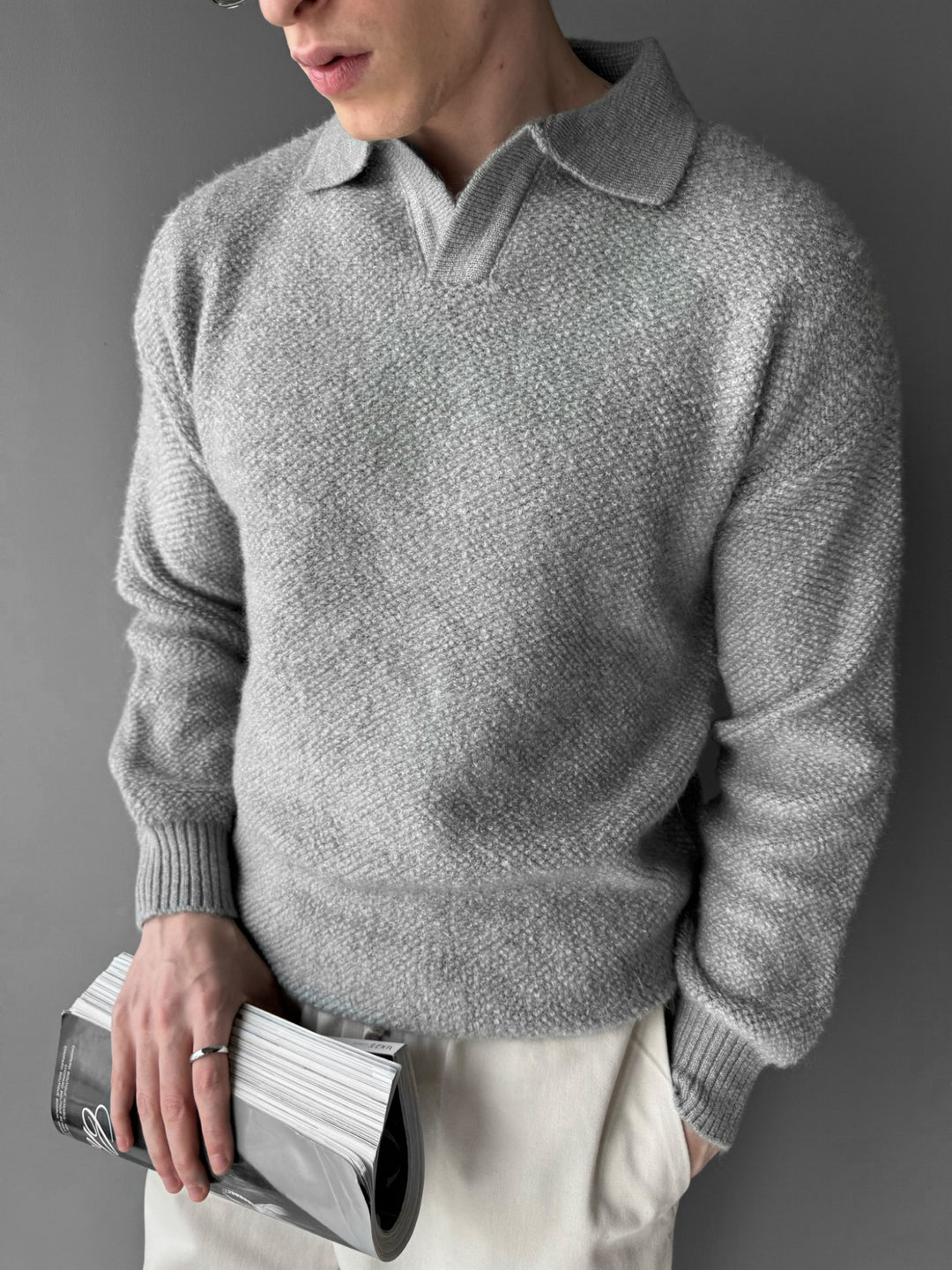 Knit Collar Brushed Pullover - Grey