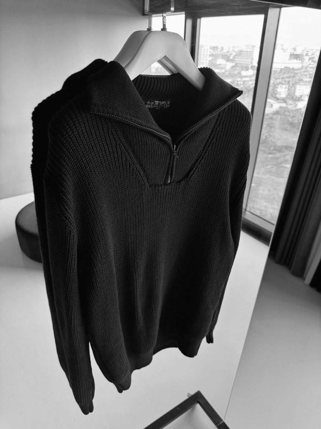 Oversize Collar Zipper Knit Sweater - Black