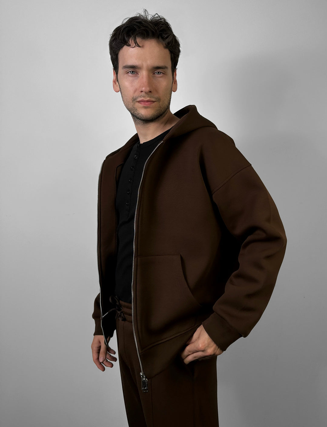 Loose Fit Double-Zip Hoodie - Brown