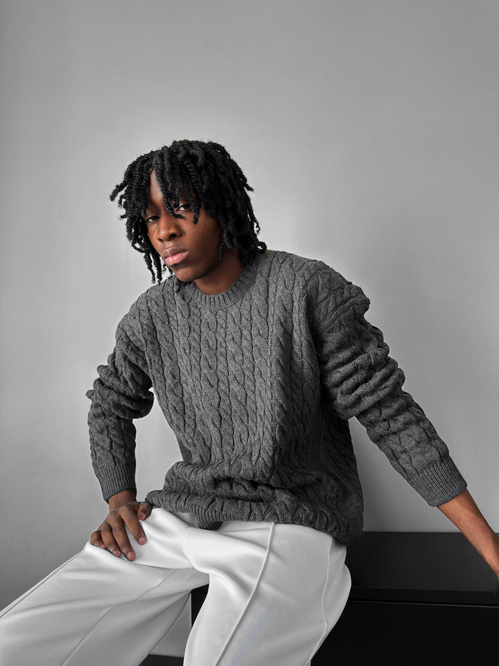 Oversize Knit Braid Sweater - Anthracite