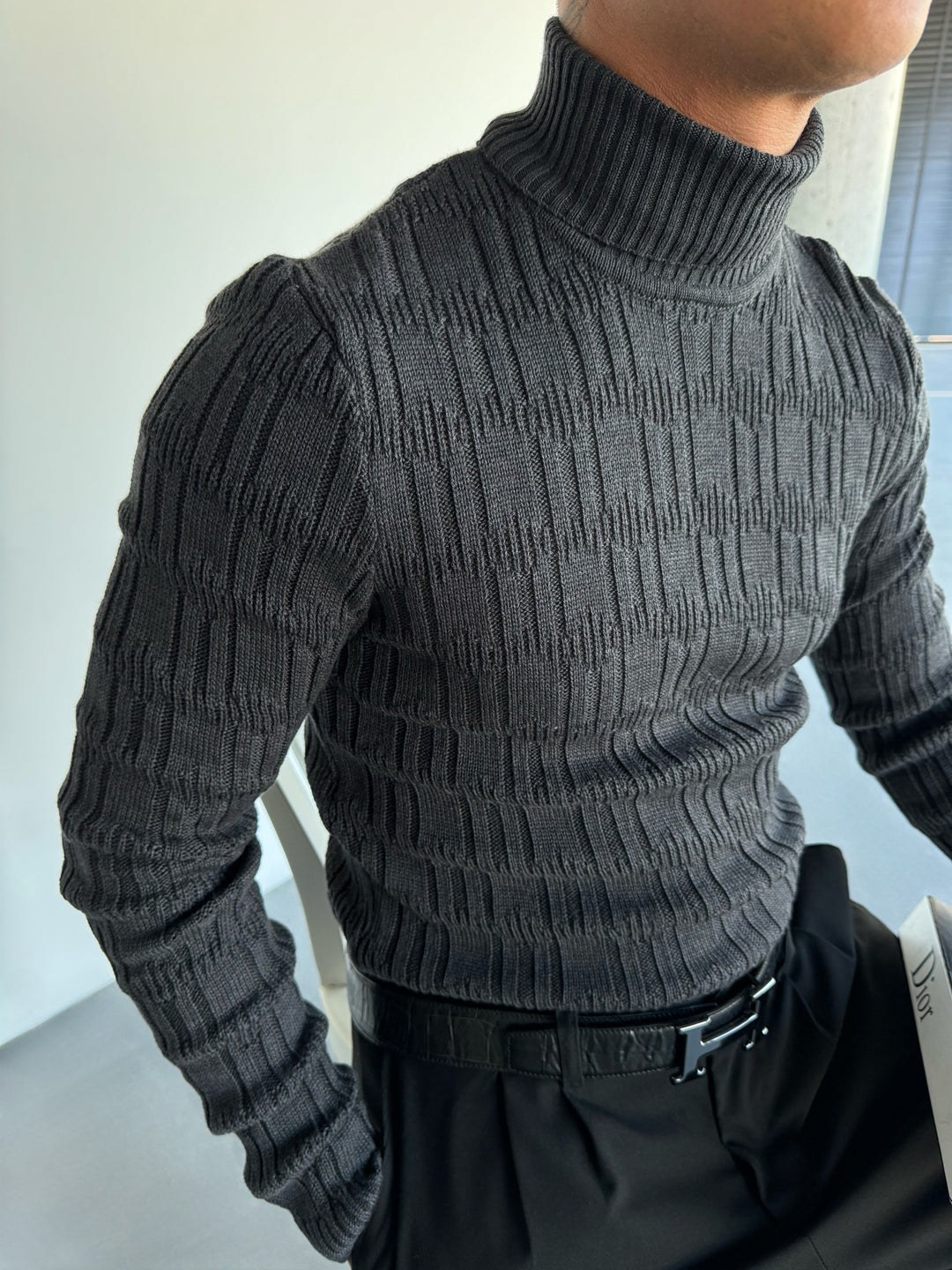 Collar Skinny Pattern Pullover - Anthracite