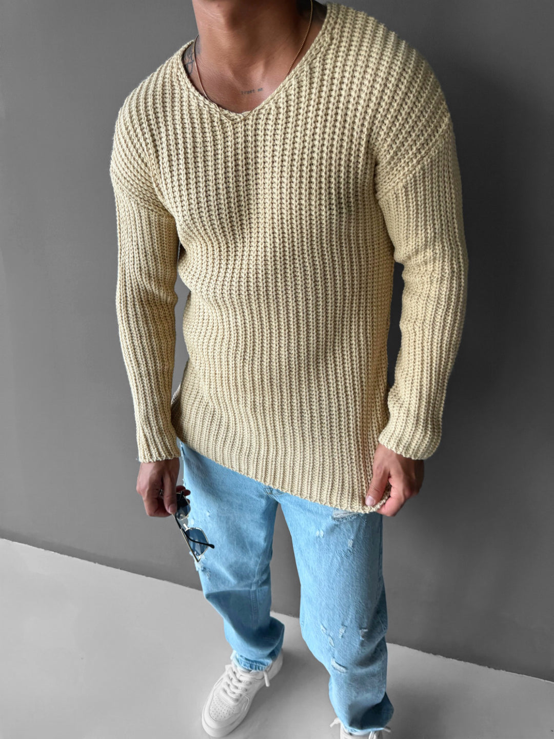 Regular Fit cutout Knit Sweater - Bone