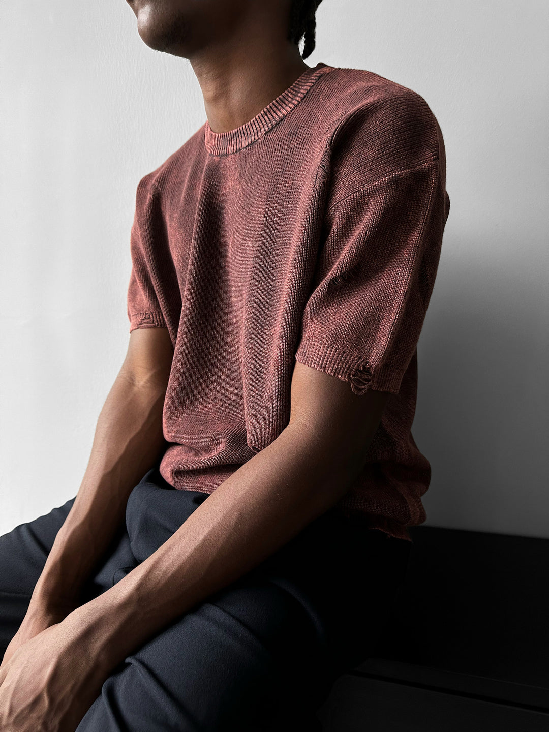 Oversize Knit Torn T-Shirt - Bordeaux