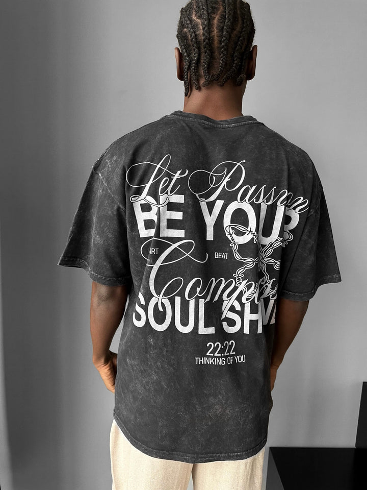 Oversize Washed 'Be your Soul Shine' T-Shirt - Black