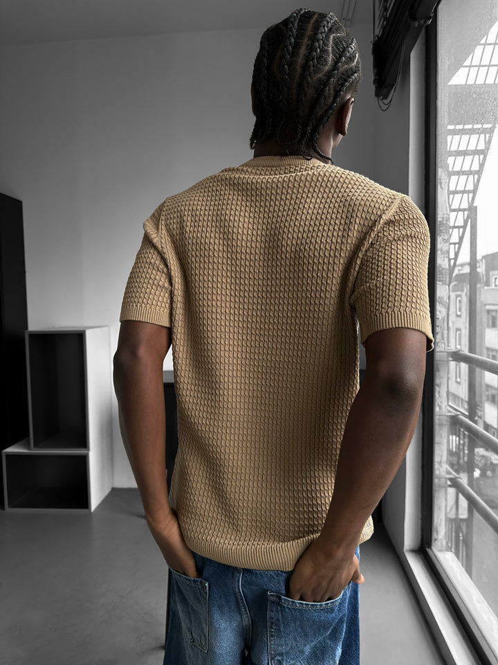 Regular Fit Waffle Button T-shirt - Camel