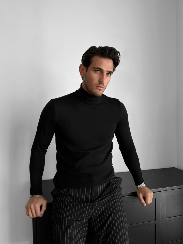 Slim Fit Long Neck Pullover - Black
