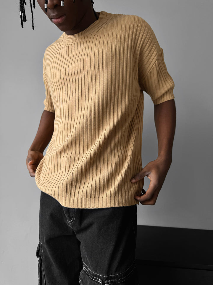 Loose Fit Ribbed Knit T-Shirt - Brown