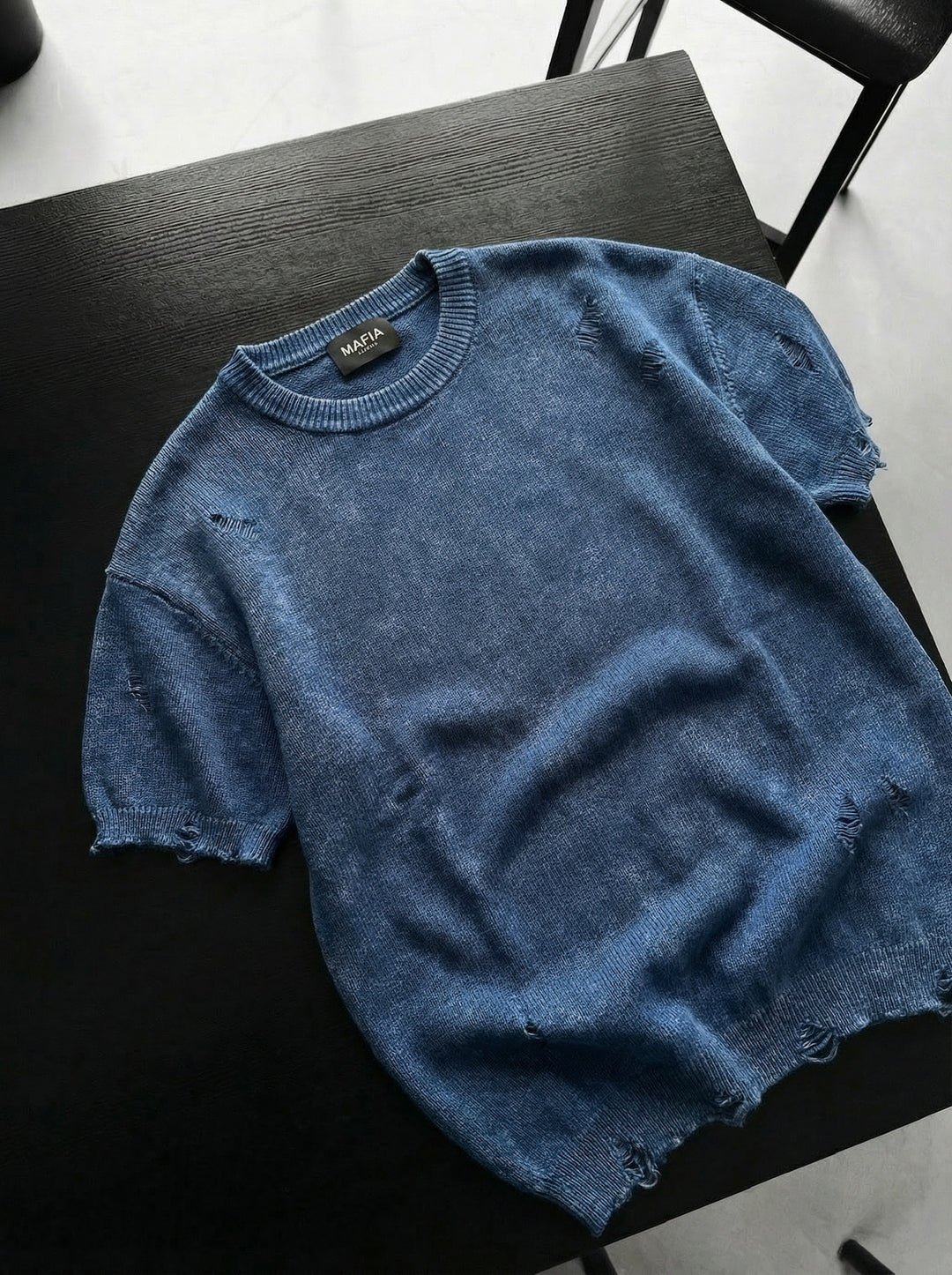 Oversize Knit Torn T-Shirt - Blue