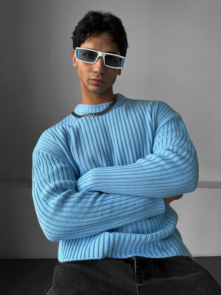 Loose Fit Striped Structure Pullover - Babyblue