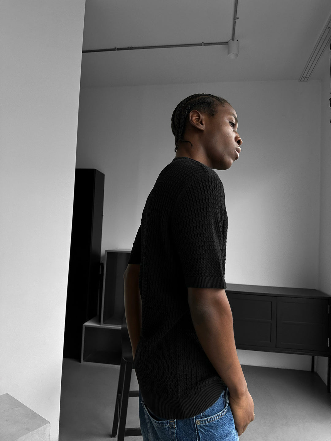 Regular Fit Waffle Button T-shirt - Black
