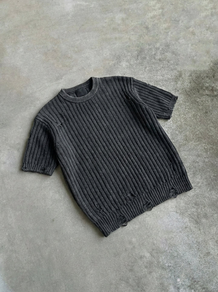 Oversize Torn Washed Knit T-shirt - Black