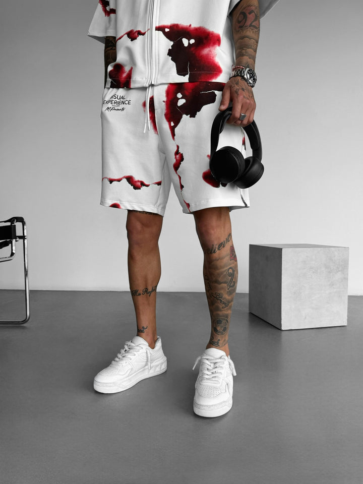 Oversize Burned Paper Shorts - White and Red