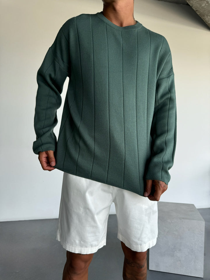 Oversize Lines Knit Sweatshirt - Petrol