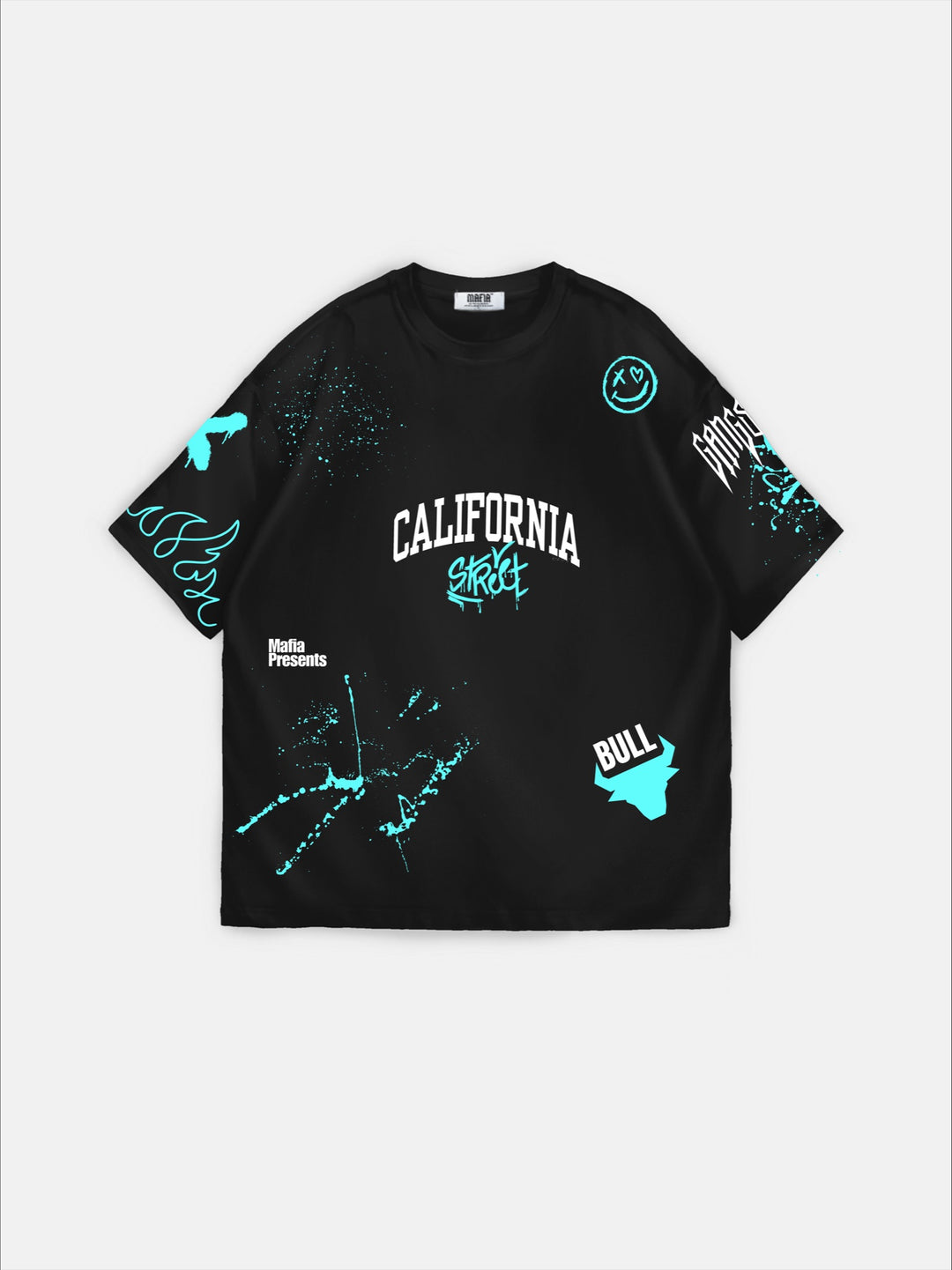 Oversize California Graffiti T-Shirt - Black and Turquoise