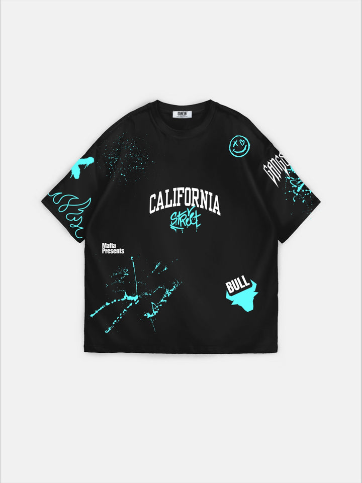 Oversize California Graffiti T-Shirt - Black and Turquoise