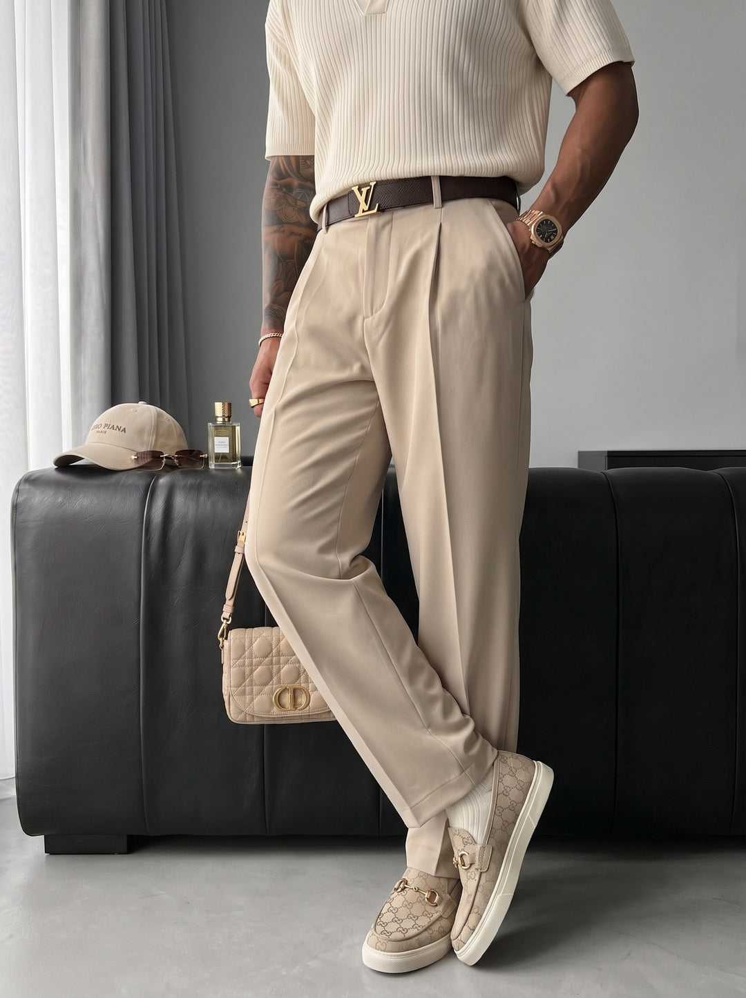 Loose Fit Pleated Trousers - Beige
