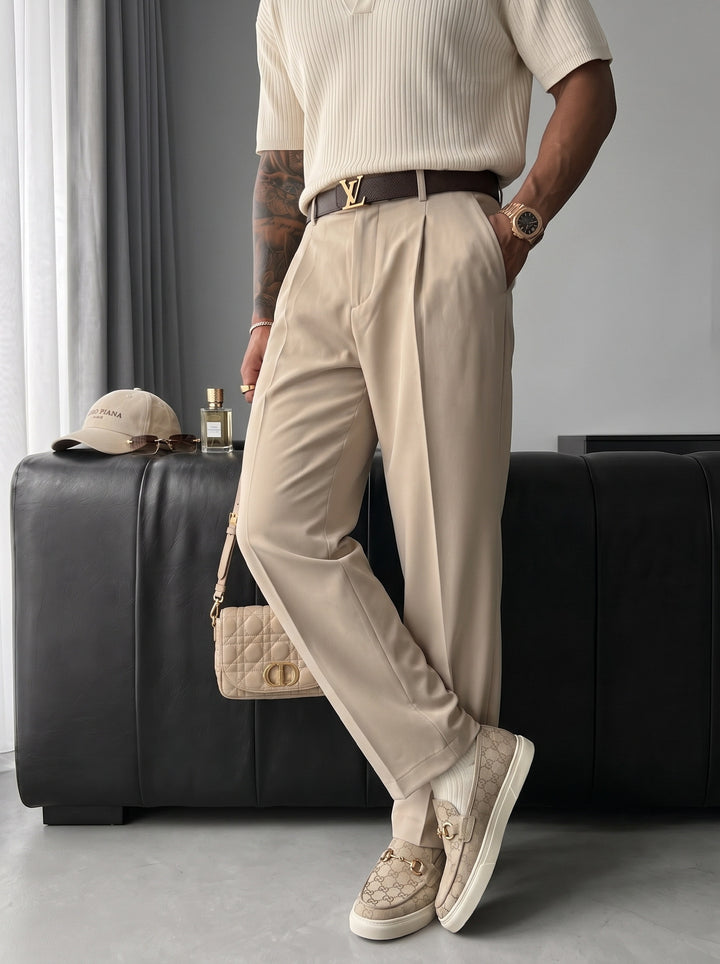 Loose Fit Pleated Trousers - Beige